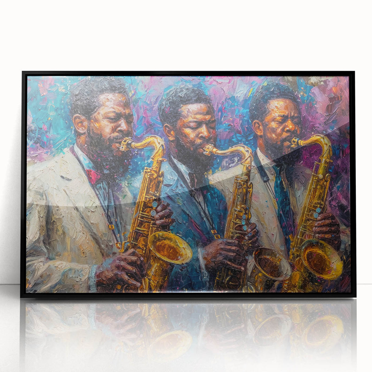 Framed abstract figurative wall art design showcasing vibrant colors and fluid shapes against a sleek black background, perfect for modern decor.