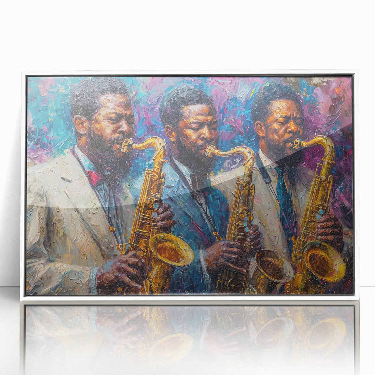 Framed abstract figurative wall art design showcasing vibrant colors and unique shapes, set in a sleek white frame, enhancing modern decor.