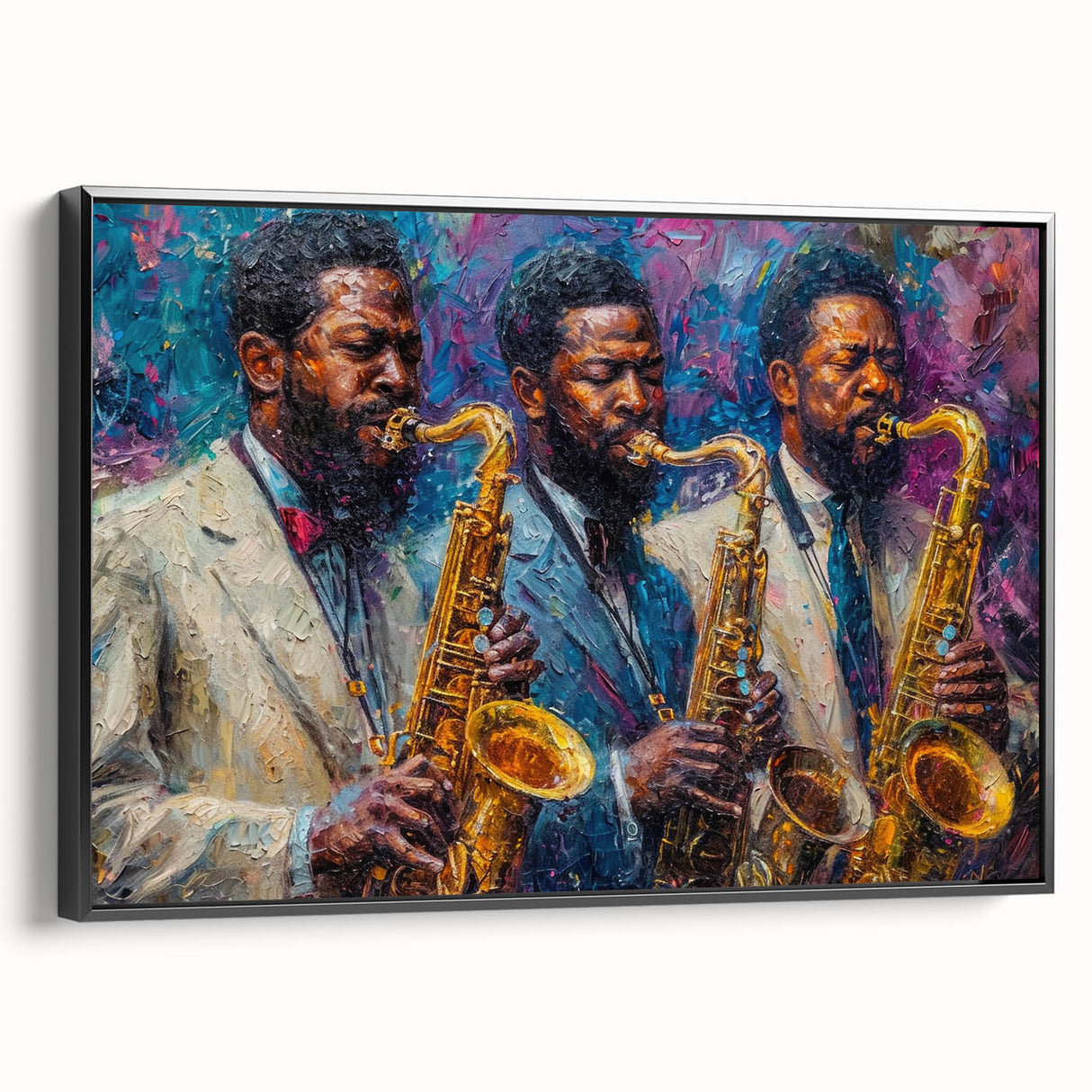 Framed abstract figurative wall art design showcasing vibrant colors and dynamic shapes, displayed in a sleek black frame against a neutral backdrop.