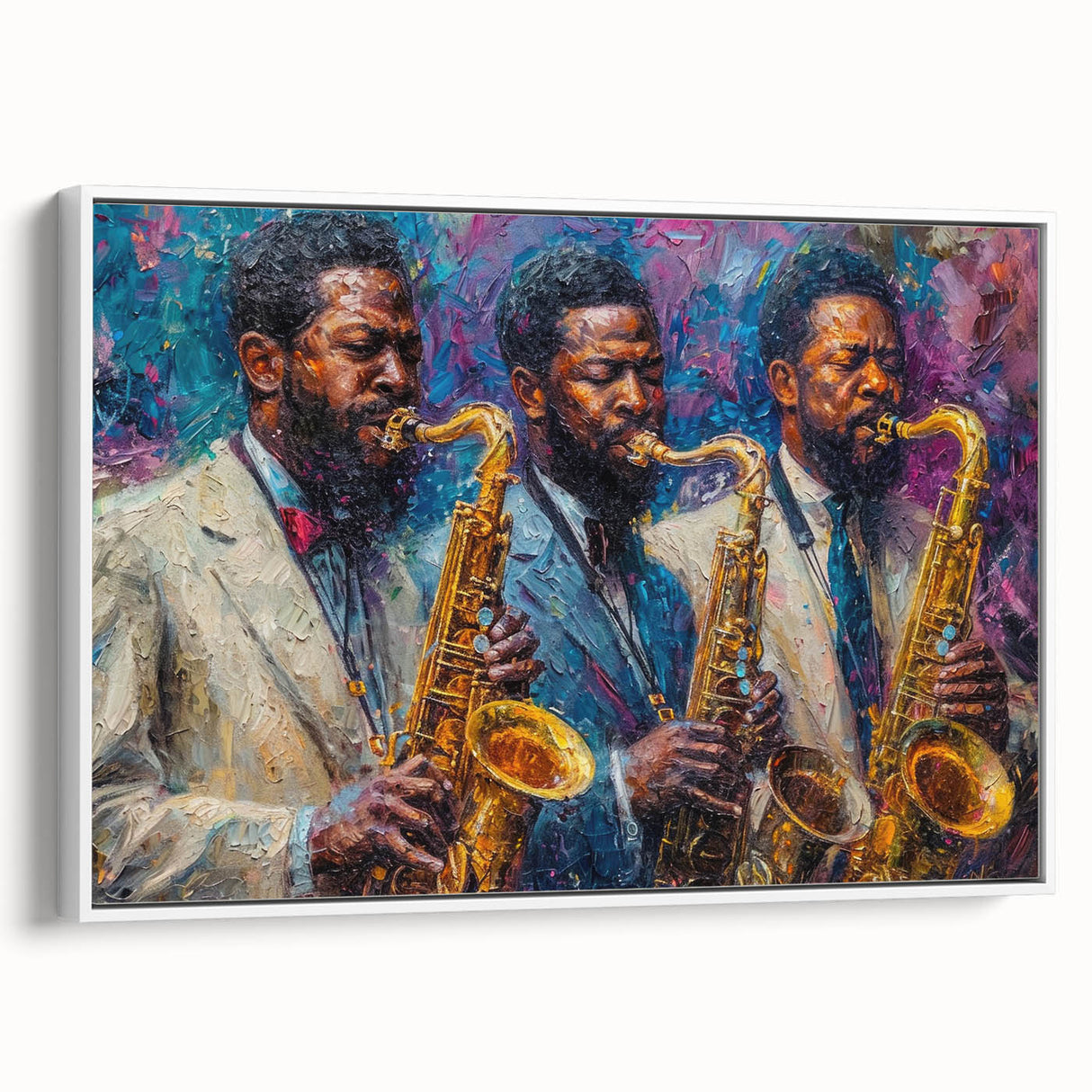 Framed abstract figurative wall art featuring a vibrant design in bold colors, showcased in a sleek white frame from a side view.