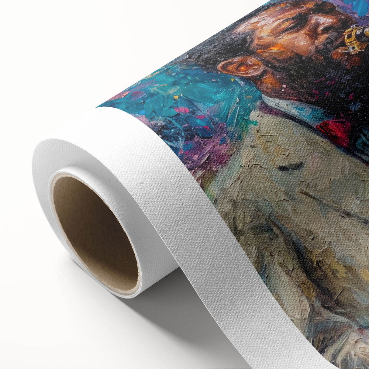 Abstract figurative wall art design on rolled canvas, showcasing vibrant colors and dynamic shapes, ideal for modern interior decor.