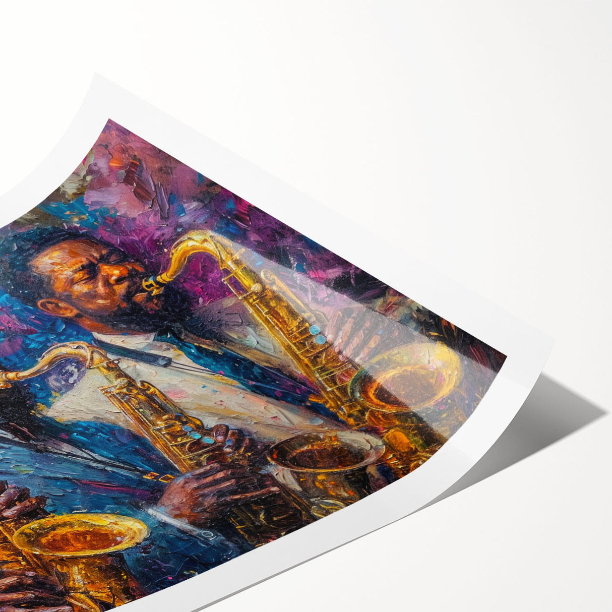 Abstract figurative wall art print showcasing vibrant colors and dynamic shapes, rolled for easy framing and display in modern interiors.