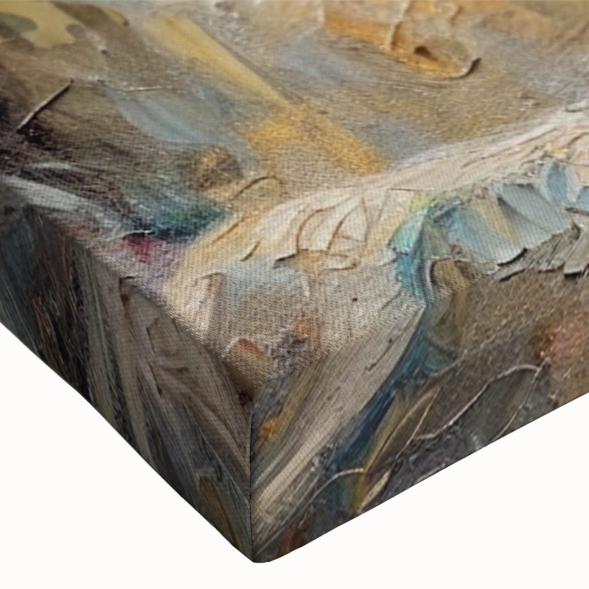 Close-up of an abstract figurative wall art design on stretched canvas, showcasing vibrant colors and intricate textures ideal for modern decor.