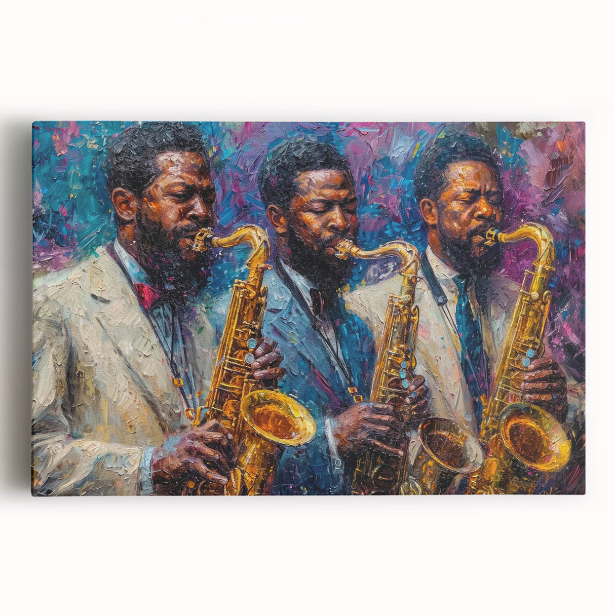 Abstract figurative wall art design showcasing vibrant colors and dynamic shapes, printed on stretched canvas for modern home decor.