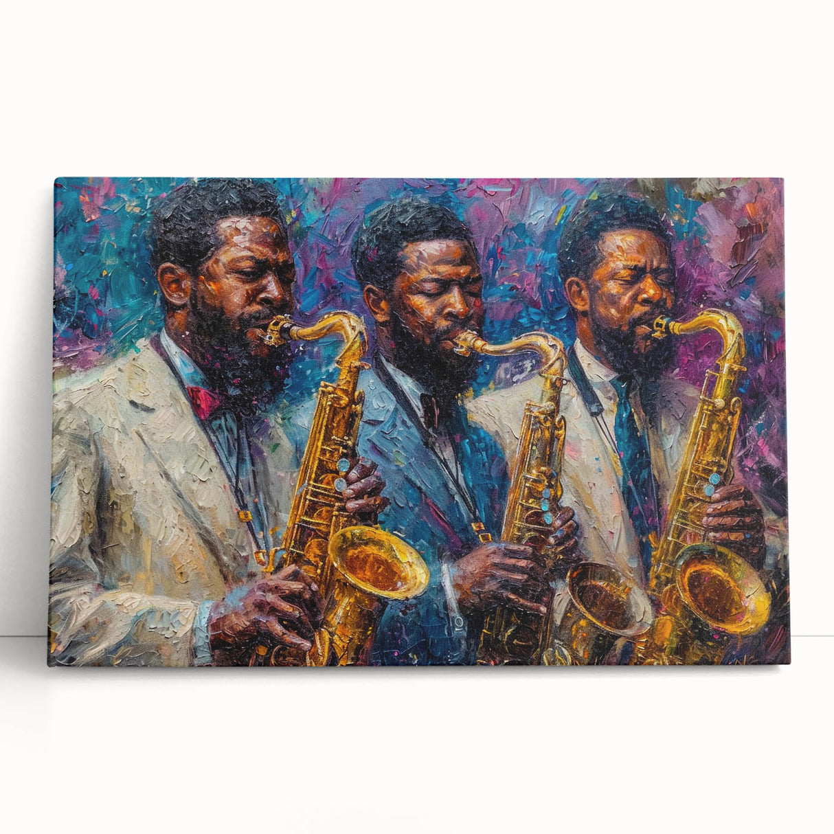 Abstract figurative design wall art collection on stretched canvas, showcasing vibrant colors and fluid shapes, perfect for modern decor.