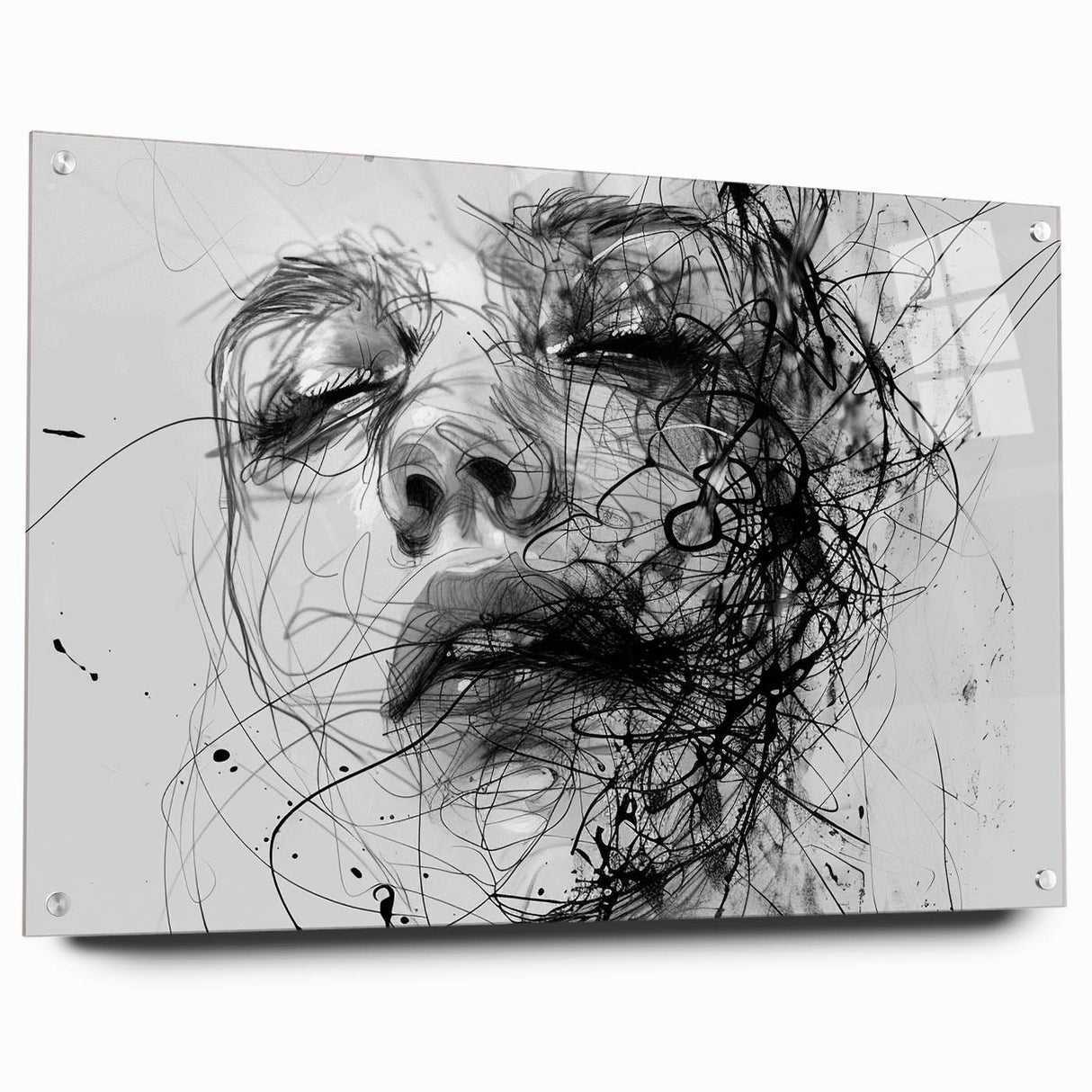 Abstract figurative wall art design showcasing vibrant colors and dynamic shapes, displayed in a sleek acrylic glass frame with decorative pins.