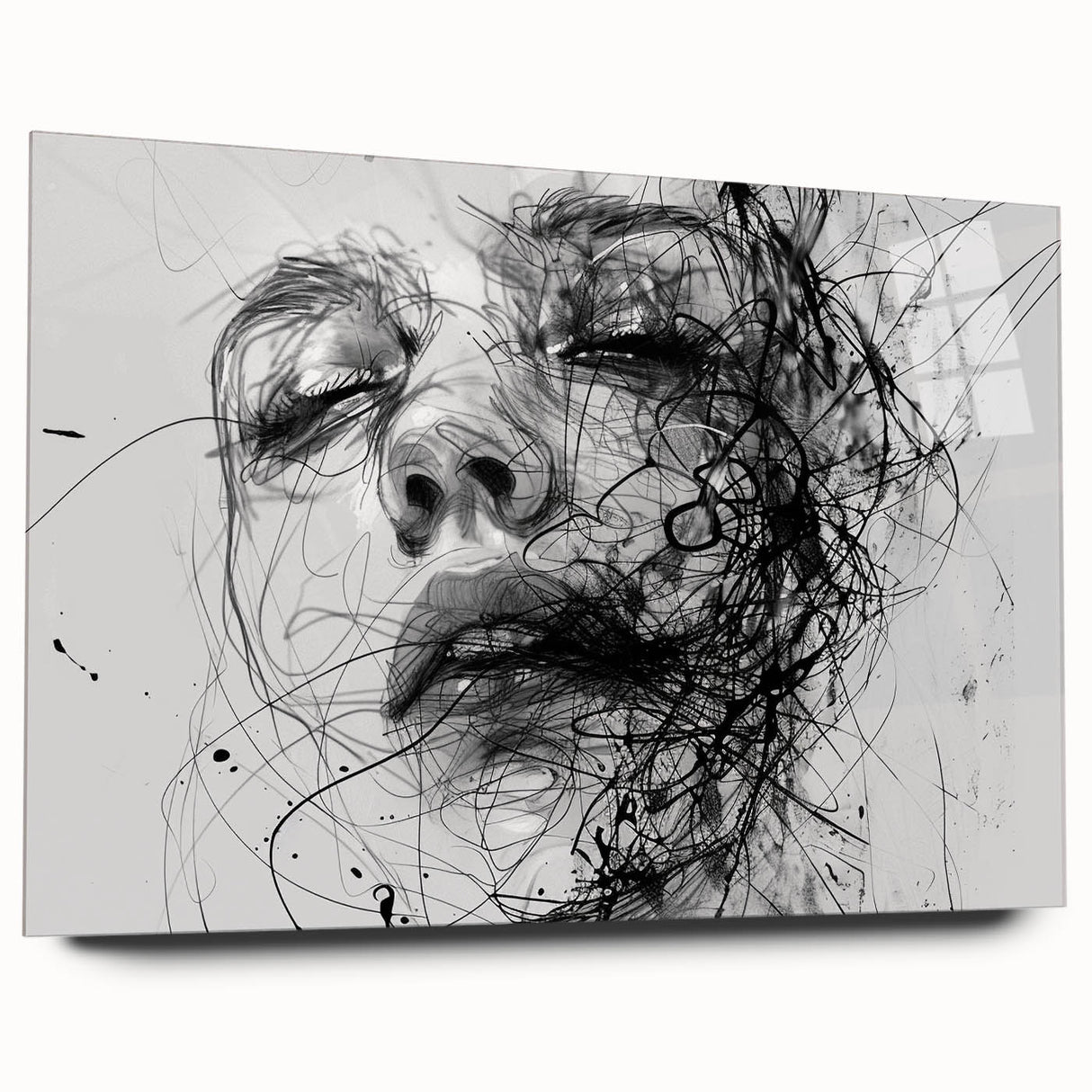 Abstract figurative wall art collection displayed in a modern setting, featuring vibrant colors and dynamic shapes on acrylic glass, ideal for contemporary decor.