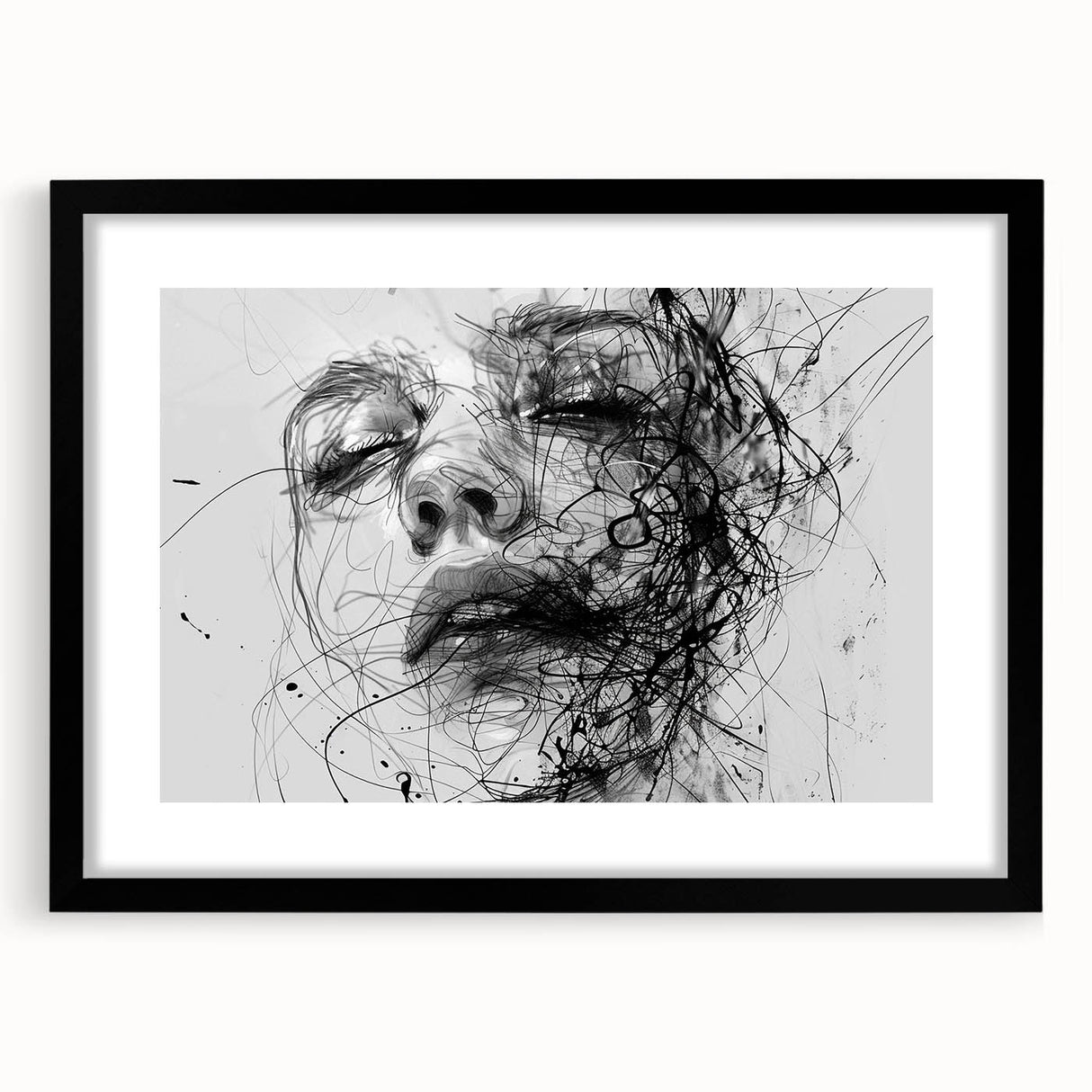 Abstract figurative design wall art collection in a sleek black frame, showcasing vibrant colors and modern shapes, perfect for contemporary decor.