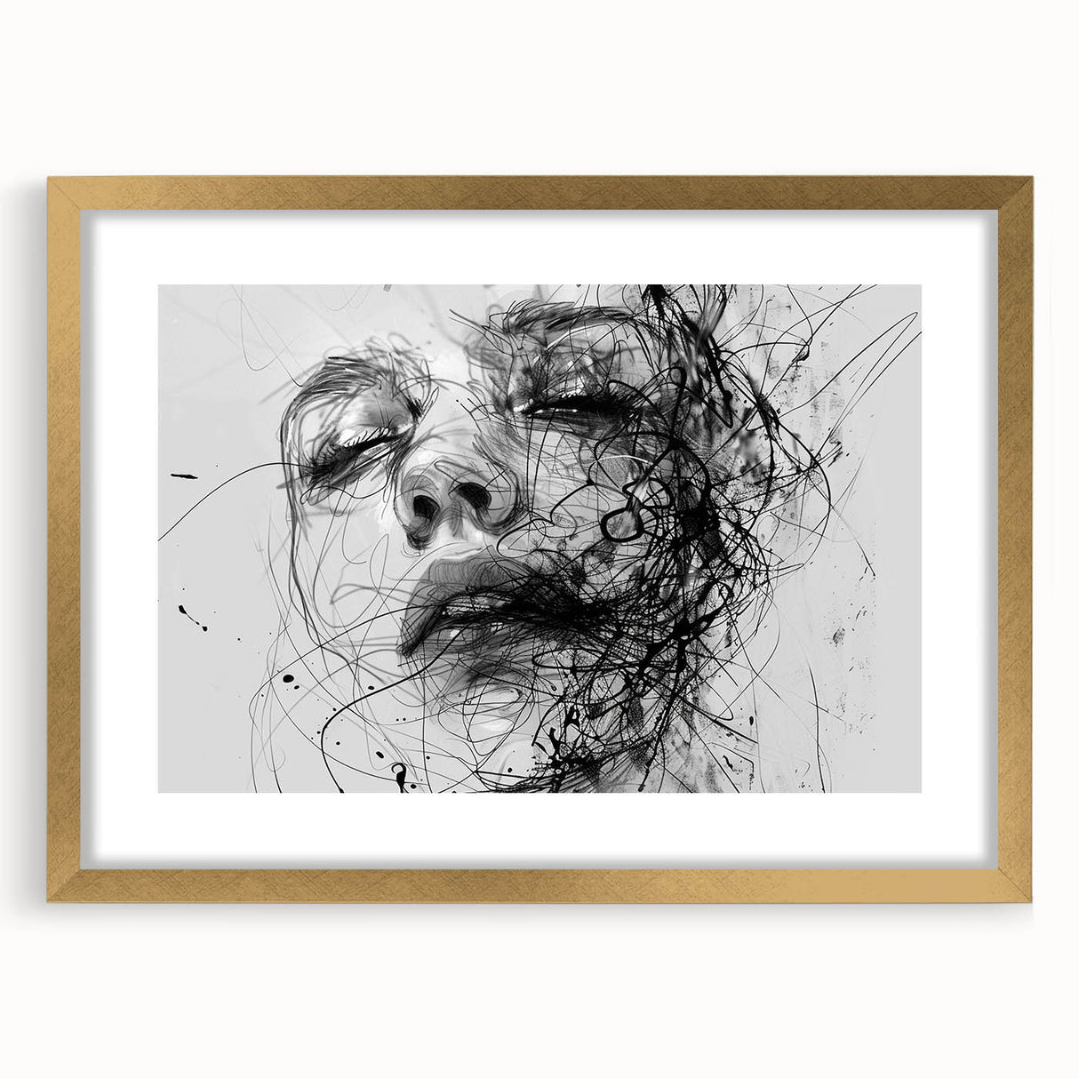 Abstract figurative wall art featuring a gold frame and mat, showcasing a modern design with vibrant colors, perfect for contemporary decor.