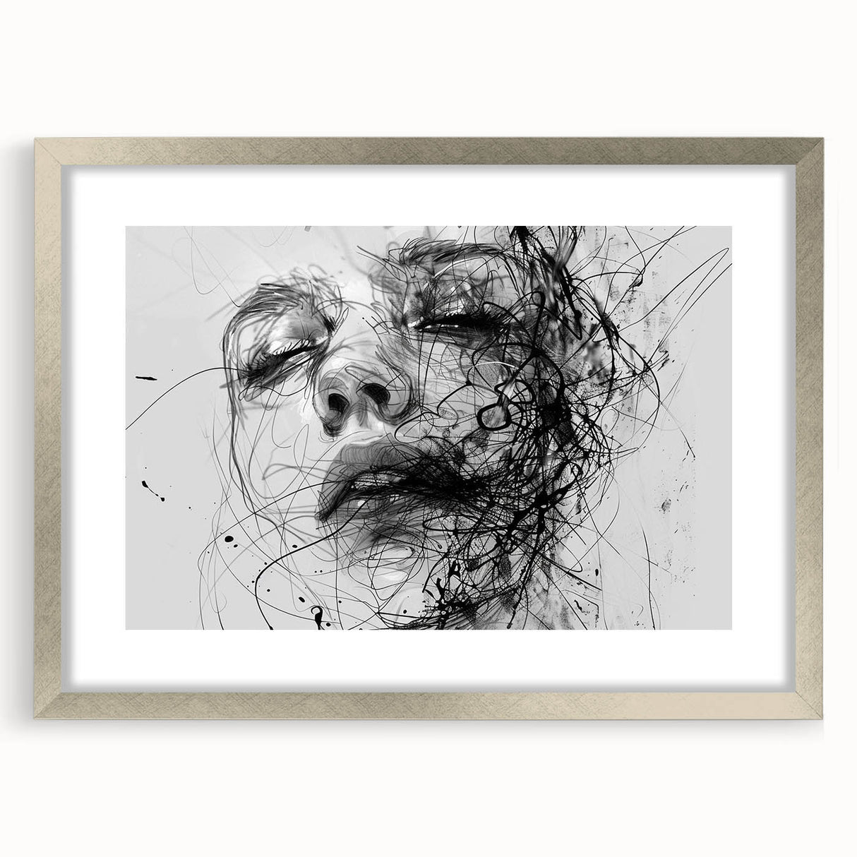 Framed abstract figurative wall art in a sleek silver frame, showcasing vibrant colors and unique shapes, perfect for modern decor.