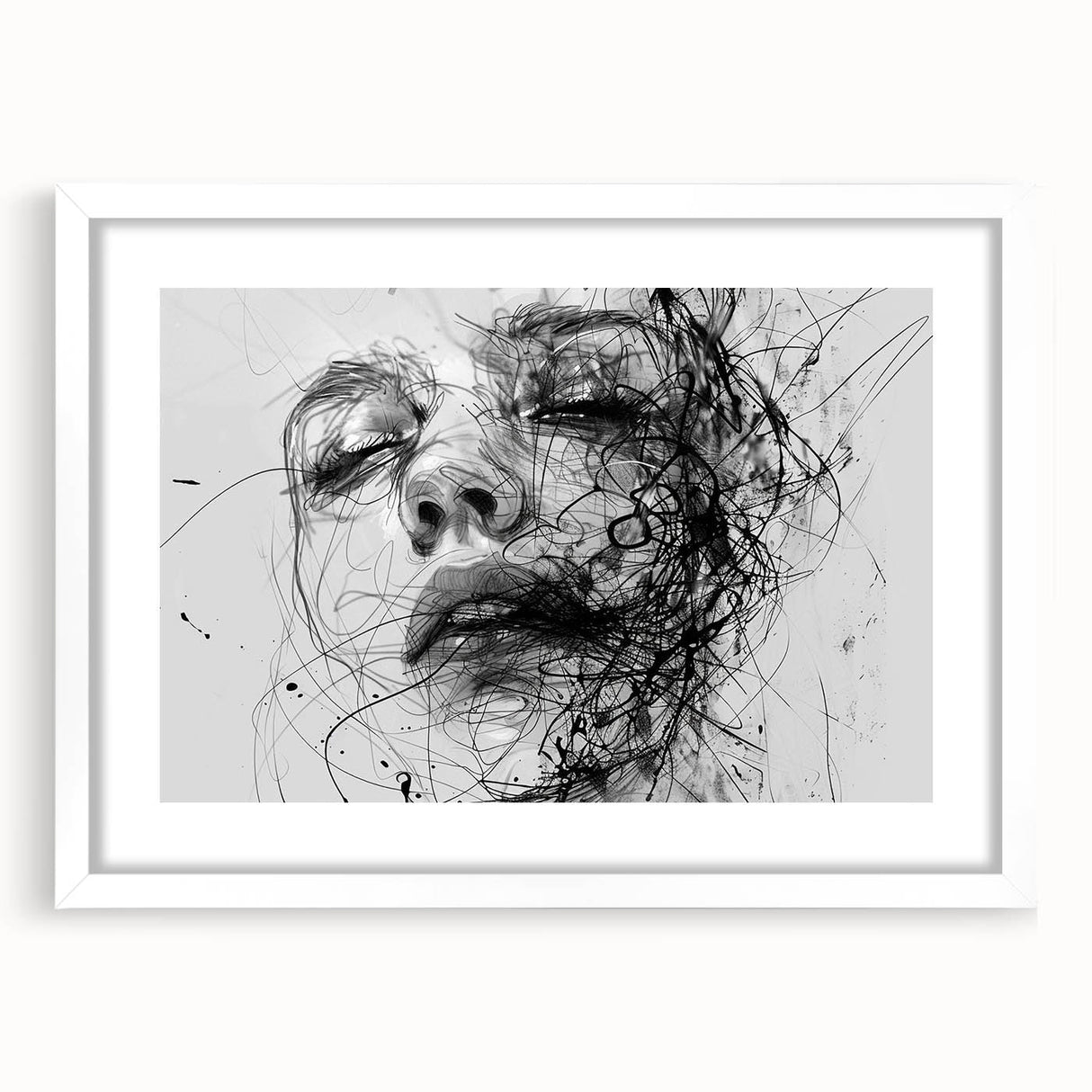 Abstract figurative wall art design featuring vibrant colors and dynamic shapes, elegantly framed in white with a smooth matte finish.