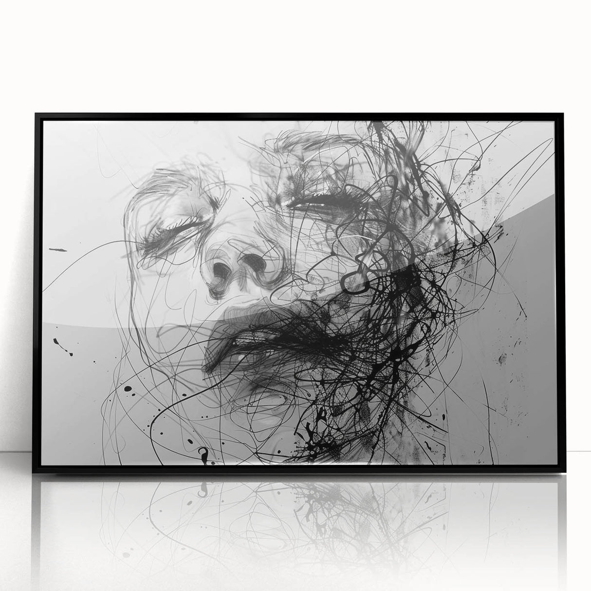 Framed abstract figurative wall art design showcasing vibrant colors and dynamic shapes, set against a sleek black frame for modern decor.