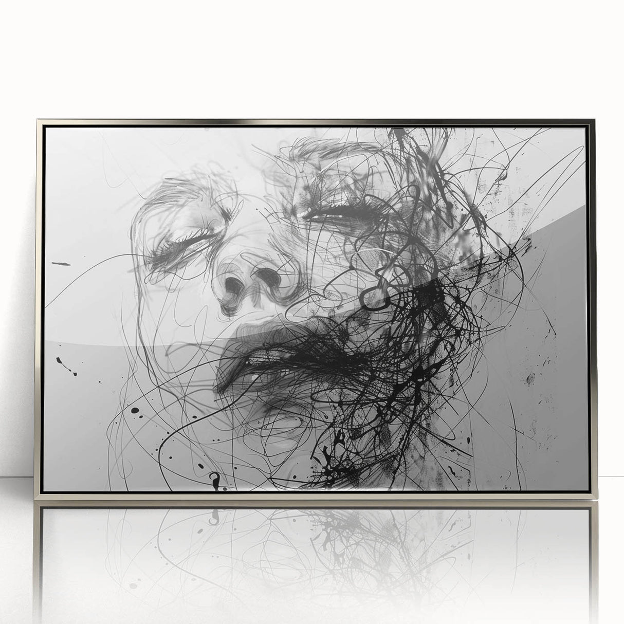 Framed abstract figurative wall art design featuring silver and gray tones, showcasing modern shapes and textures for contemporary decor.
