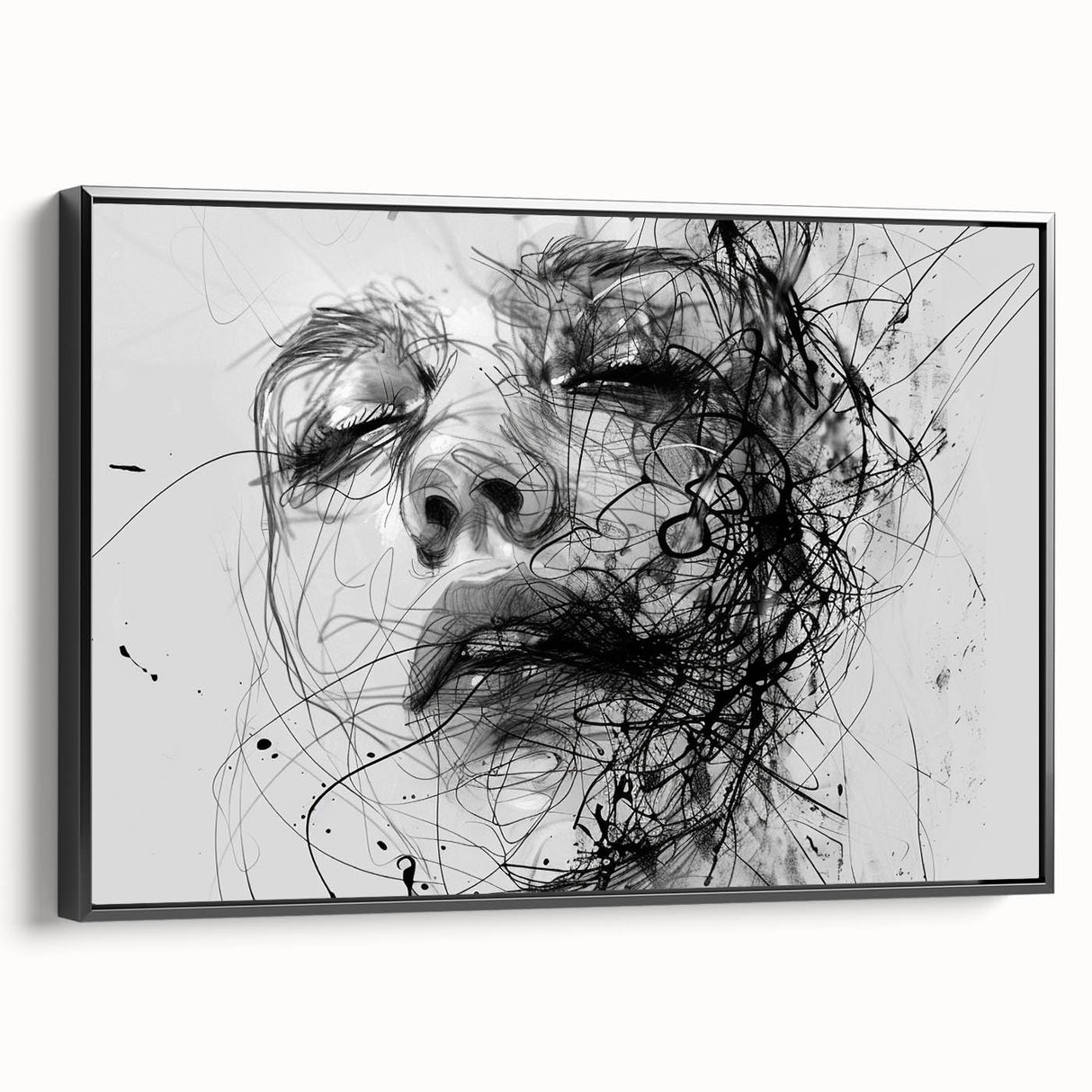 Framed abstract figurative wall art showcasing dynamic shapes and vibrant colors, presented in a sleek black frame with a side view.