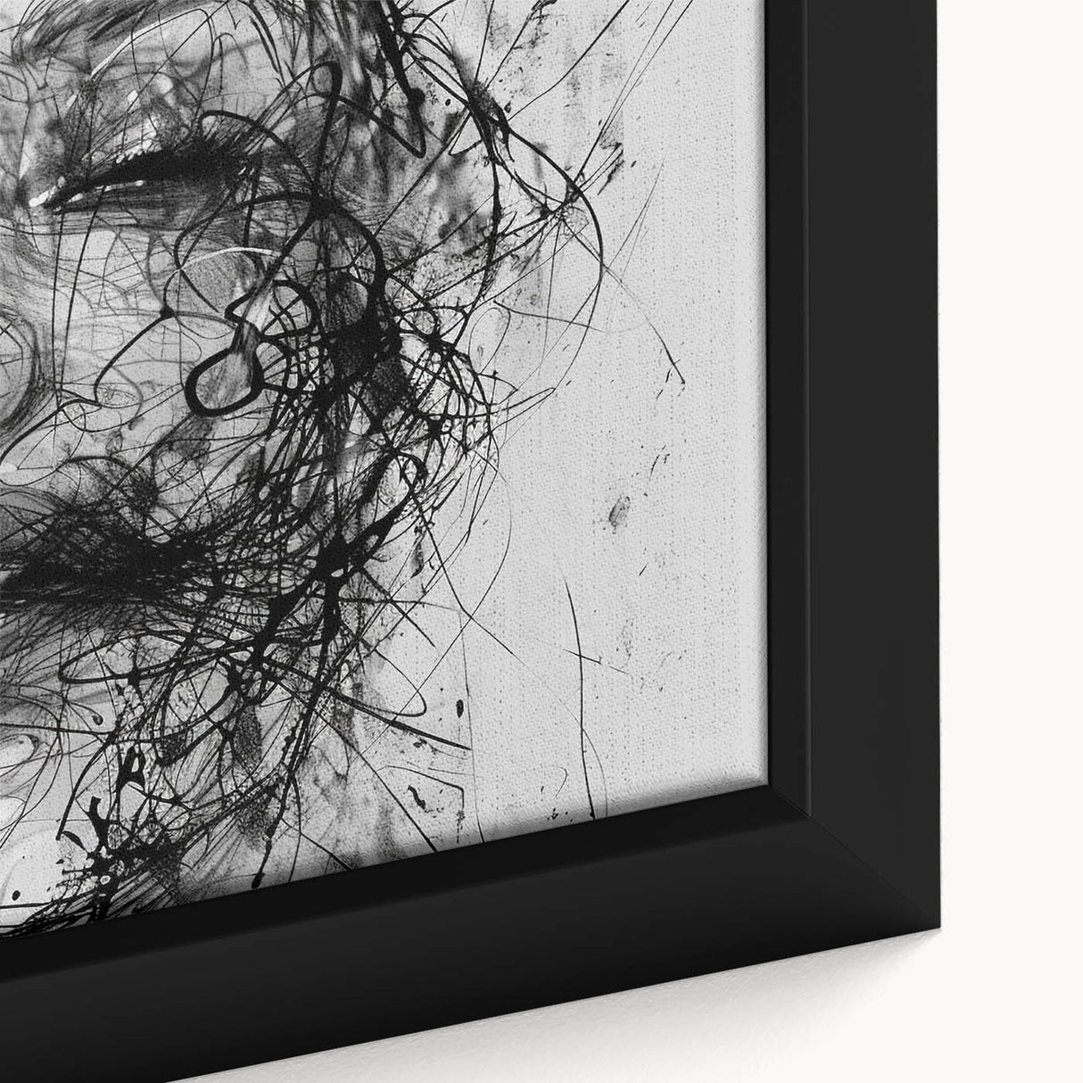 Close-up of a framed abstract figurative wall art piece showcasing vibrant colors and dynamic shapes, ideal for modern home decor.