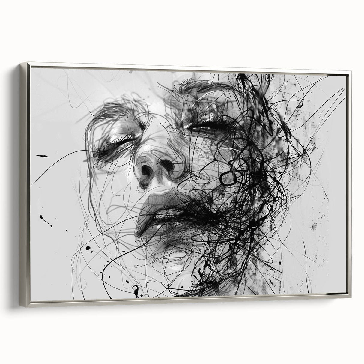Framed abstract figurative wall art in silver, showcasing a dynamic design with vibrant colors and bold shapes, perfect for modern decor.