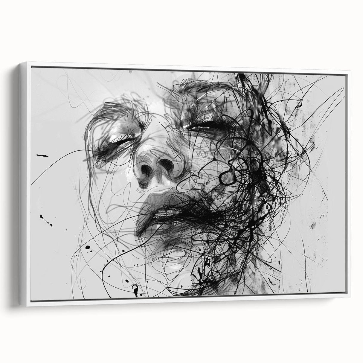 Framed abstract figurative wall art showcasing vibrant colors and dynamic shapes, set against a sleek white background, ideal for modern decor.
