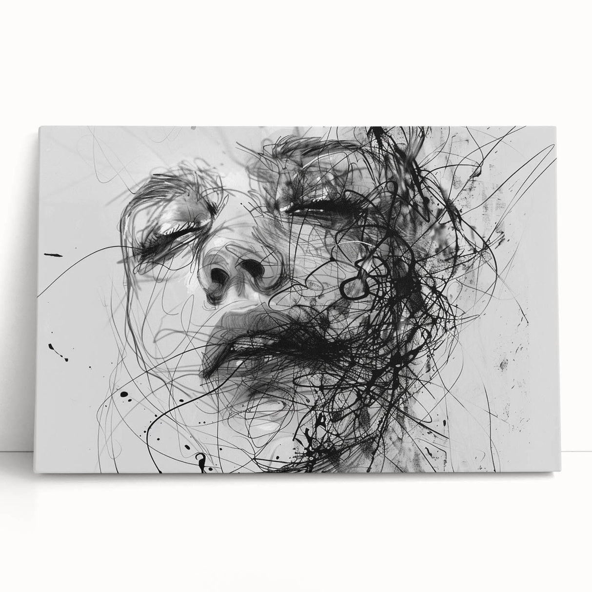 Abstract figurative wall art design on stretched canvas, featuring vibrant colors and dynamic shapes, perfect for modern home decor.