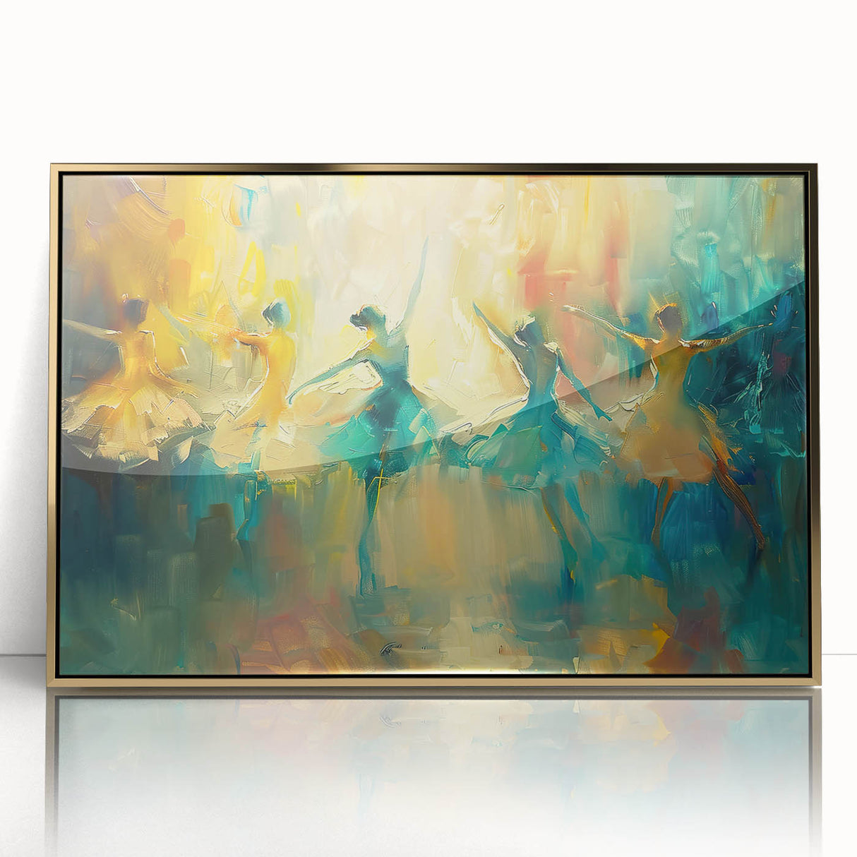 Framed abstract figurative wall art design with a gold-acrylic finish, showcasing vibrant colors and modern shapes, perfect for contemporary decor.