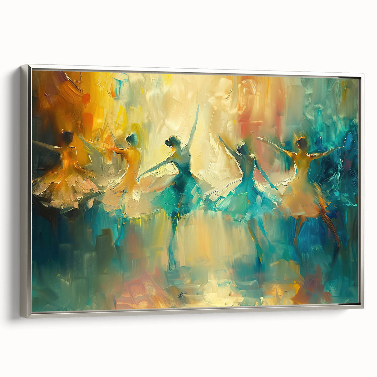 Framed abstract figurative wall art in silver, showcasing dynamic shapes and muted colors, ideal for modern home decor settings.