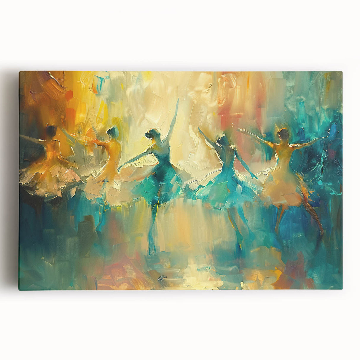 Abstract figurative wall art design on stretched canvas, showcasing vibrant colors and dynamic shapes, perfect for modern decor and artistic expression.