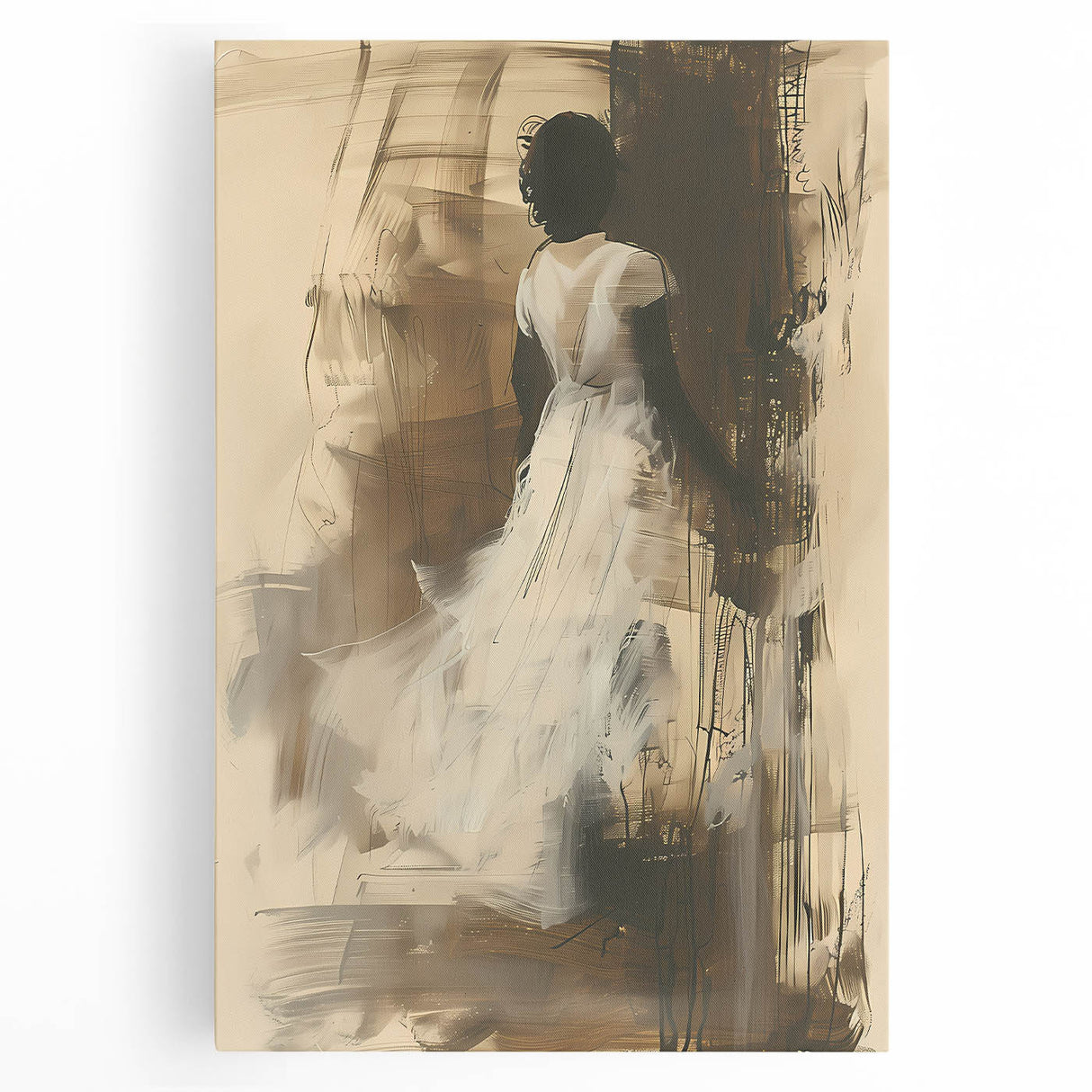 Abstract figurative wall art design on stretched canvas showcasing vibrant colors and dynamic shapes, perfect for modern home decor.