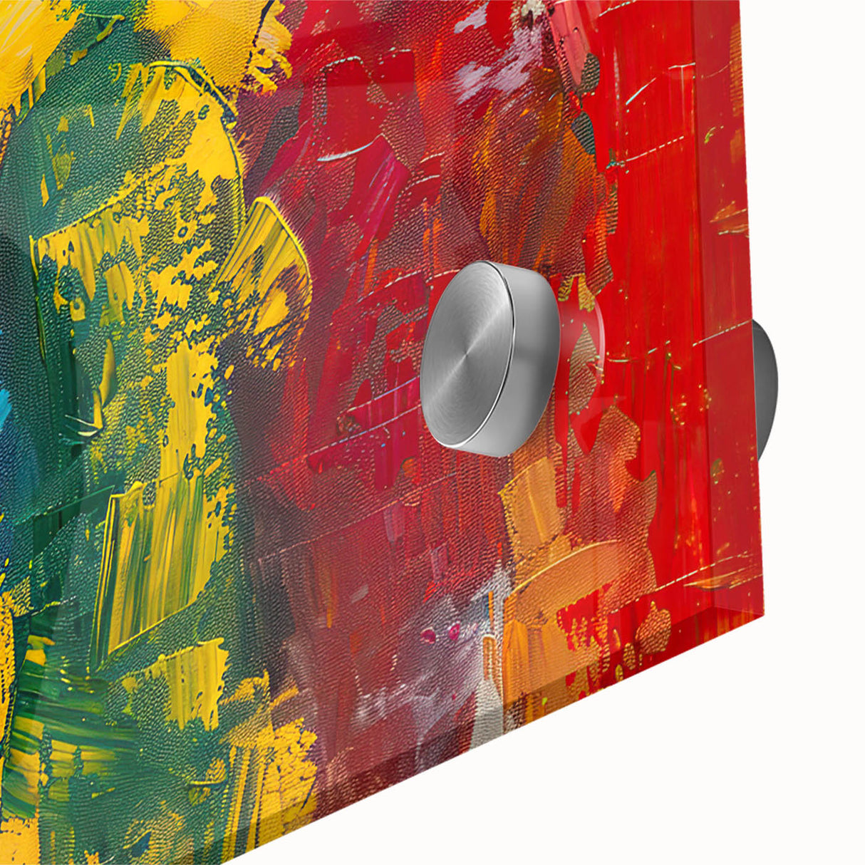 Close-up of an abstract figurative wall art design showcasing vibrant colors and dynamic shapes, printed on acrylic glass for modern decor.