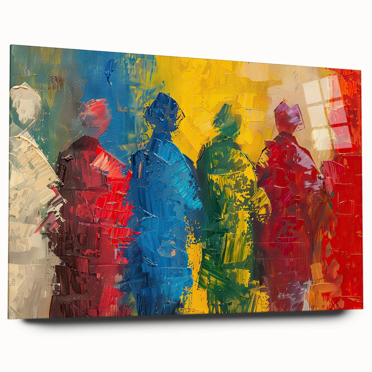 Abstract figurative wall art piece displayed on acrylic glass, showcasing vibrant colors and dynamic shapes, perfect for modern decor.