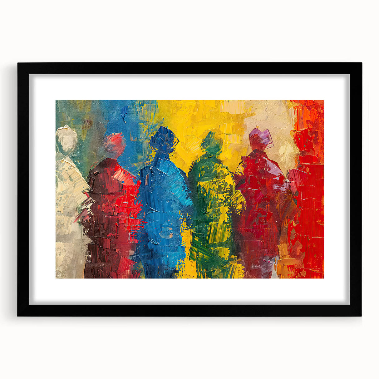 Framed abstract figurative wall art design showcasing vibrant colors and dynamic shapes, featuring a sleek black frame with matting.