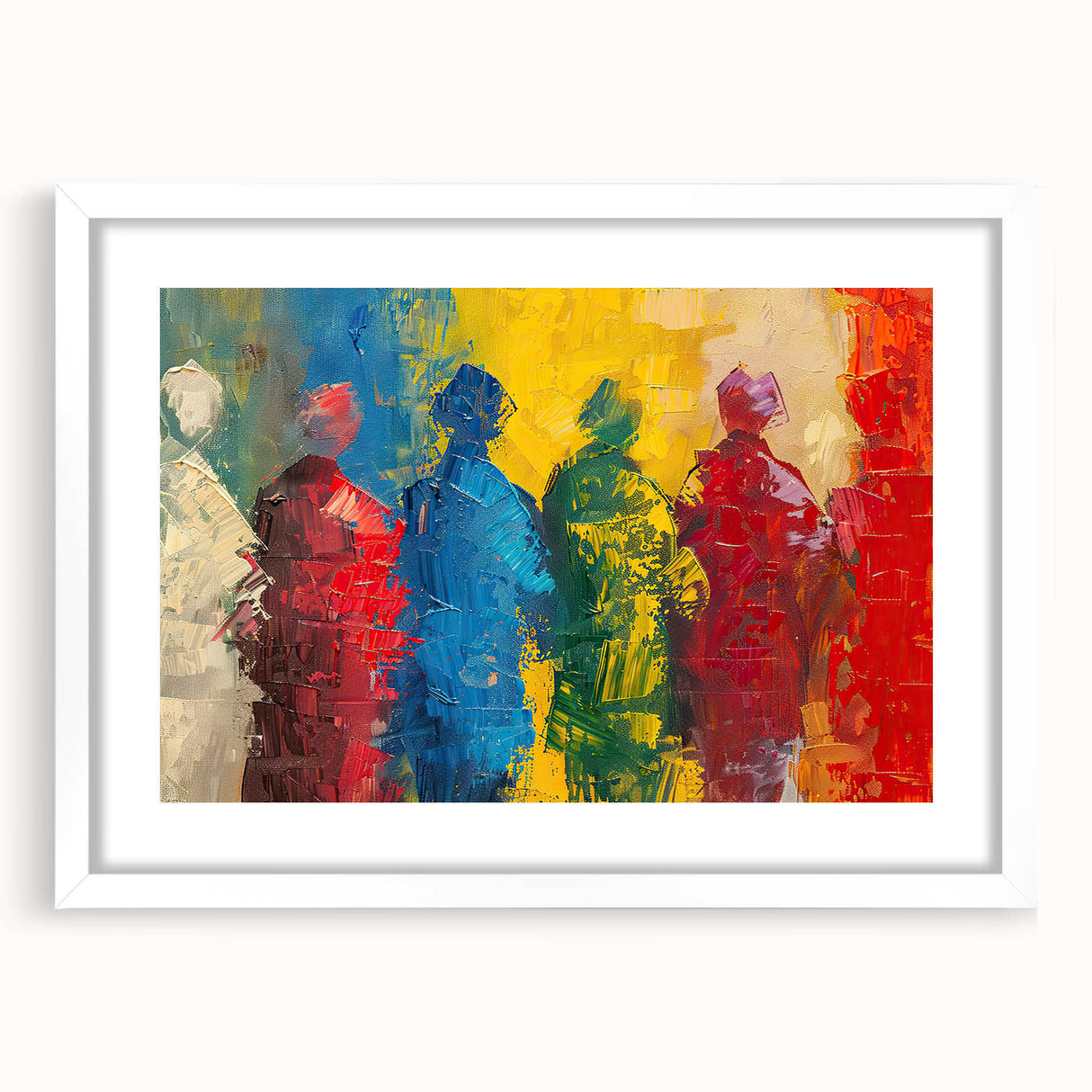 Framed abstract figurative wall art collection in a sleek white frame, showcasing vibrant colors and unique designs, ideal for modern decor.