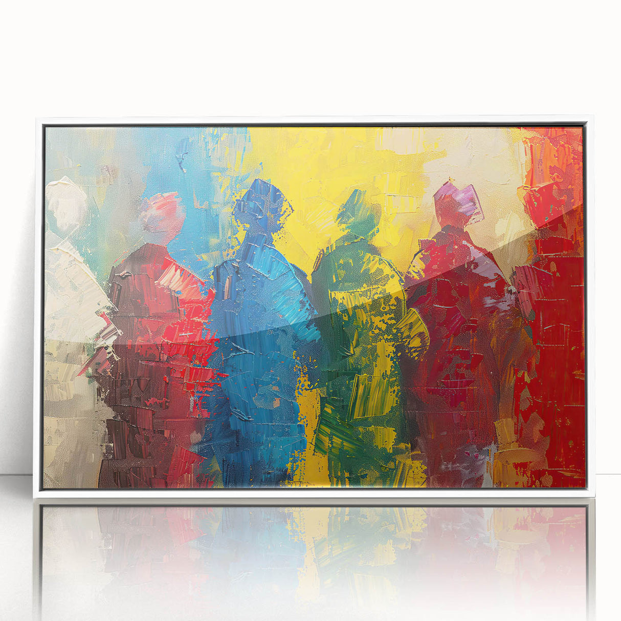 Framed abstract figurative wall art in white frame showcasing vibrant colors and dynamic shapes, perfect for modern home decor.