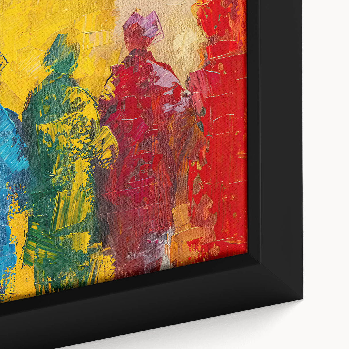 Close-up of a framed abstract figurative wall art piece showcasing vibrant colors and intricate brushstrokes, ideal for modern decor.