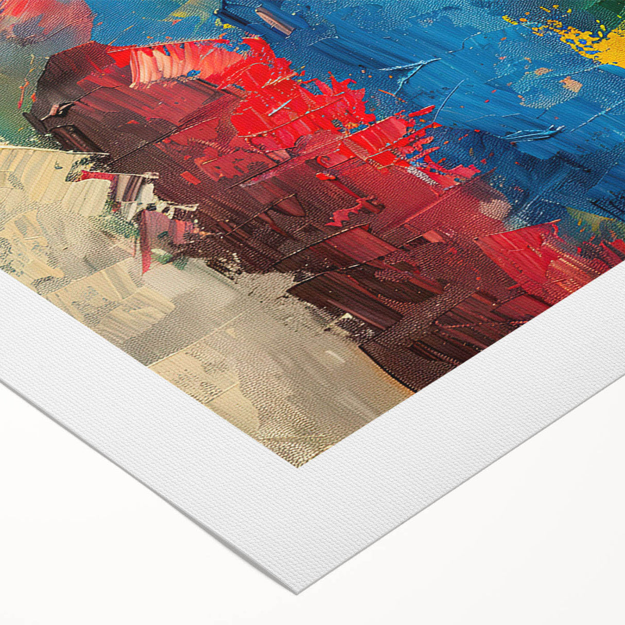 Abstract figurative wall art print on rolled canvas showcasing vibrant colors and dynamic shapes, perfect for modern decor and artistic expression.