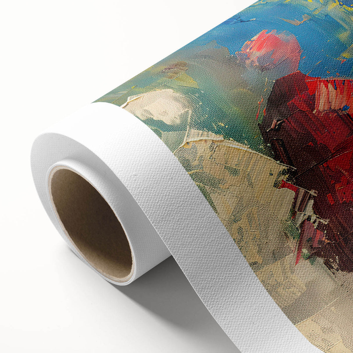 Abstract figurative wall art design showcasing vibrant colors and bold shapes on rolled canvas, ideal for contemporary home decor.