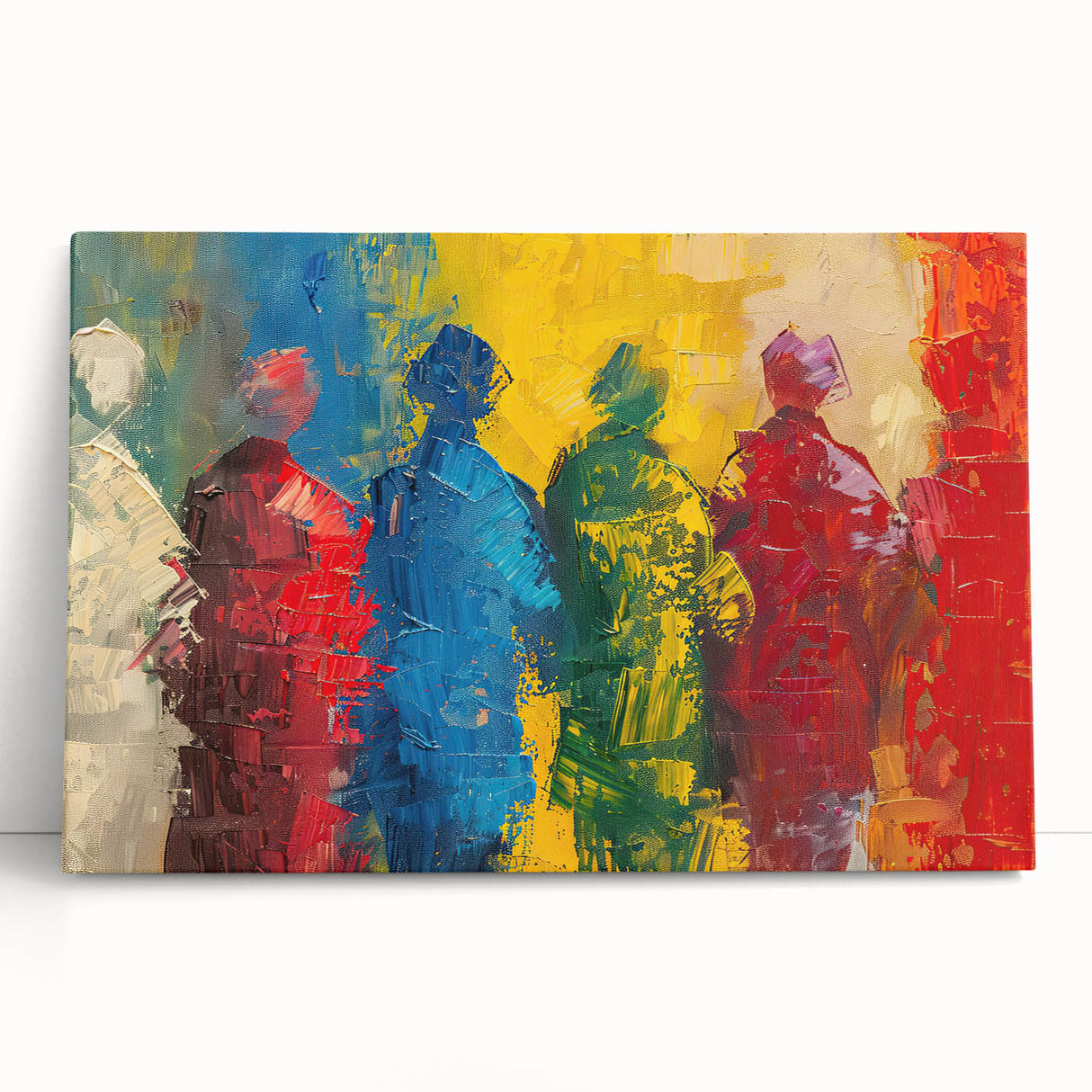 Abstract figurative wall art design on stretched canvas, showcasing vibrant colors and dynamic shapes, perfect for modern home decor.