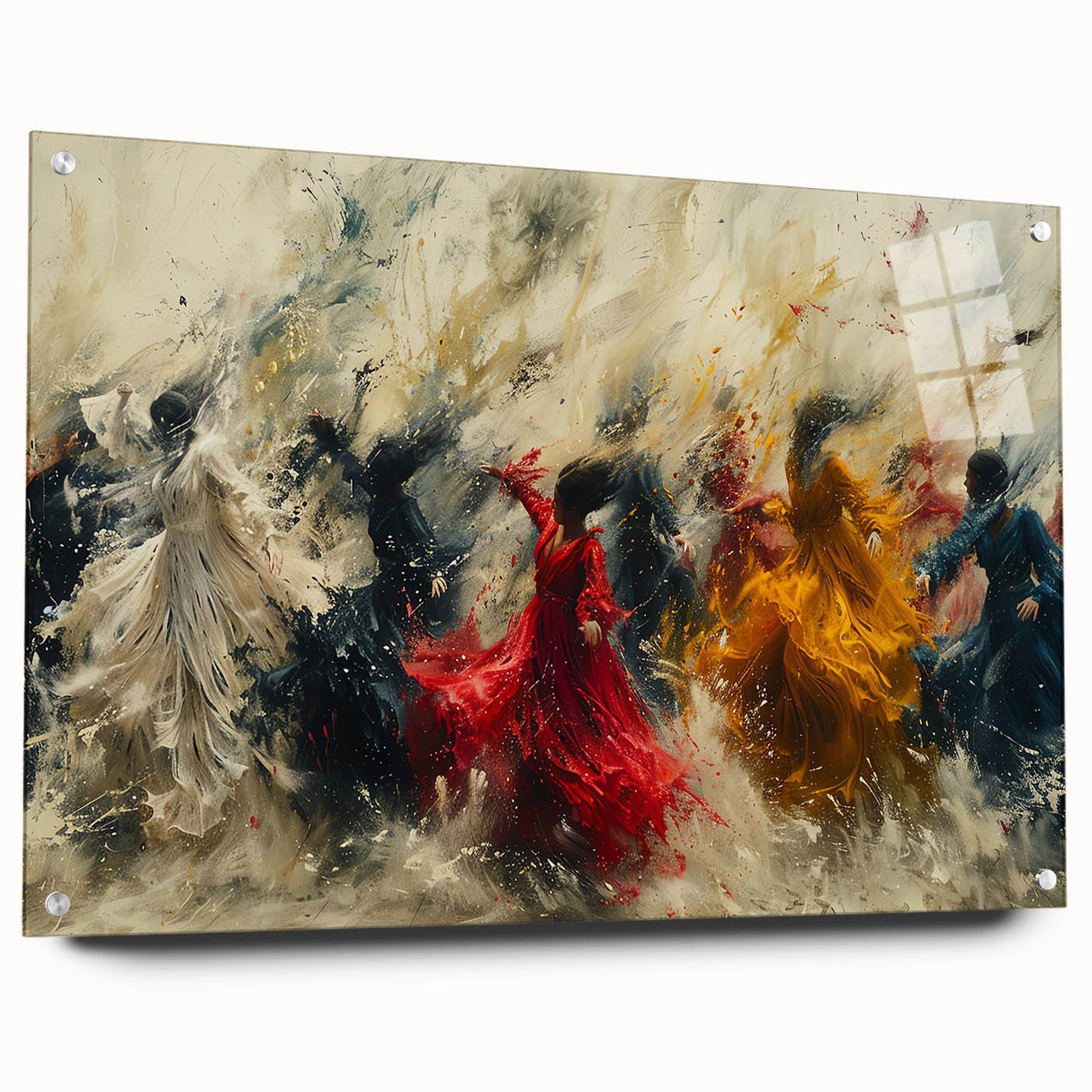 Abstract figurative wall art design in acrylic glass, showcasing vibrant colors and unique shapes, displayed from the side with mounting pins.