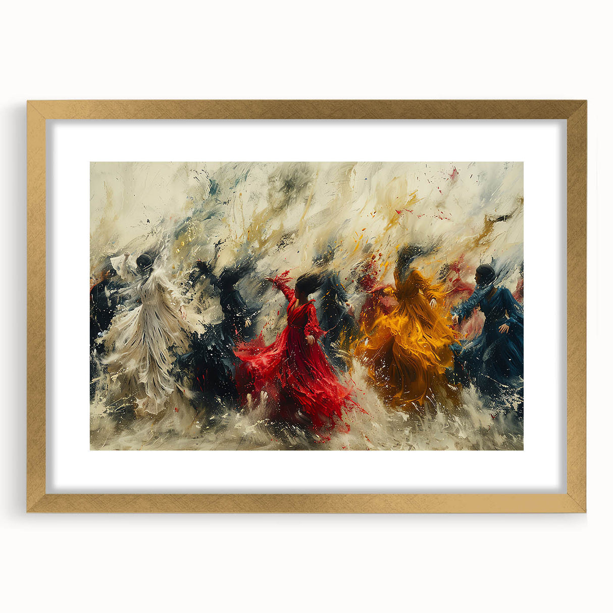 Framed abstract figurative wall art design showcasing vibrant colors and unique shapes, set against a gold mat for an elegant display.