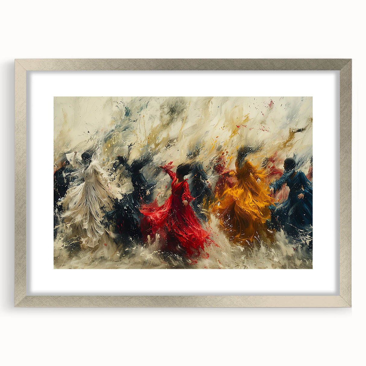 Abstract figurative wall art featuring a silver-framed design with a mat, showcasing fluid shapes and vibrant colors, ideal for modern decor.