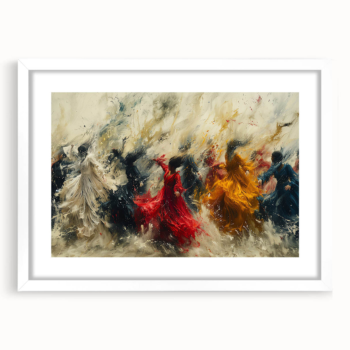 Abstract figurative wall art piece displayed in a sleek white frame with a matte finish, showcasing vibrant colors and dynamic shapes for modern decor.