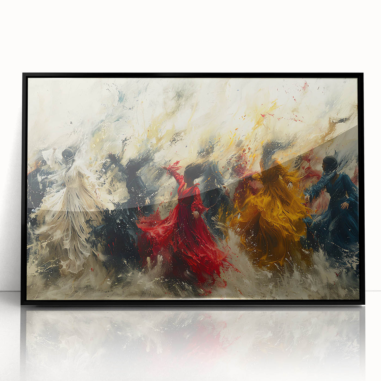 Framed abstract figurative wall art in black, showcasing dynamic shapes and vibrant colors, perfect for modern home decor.