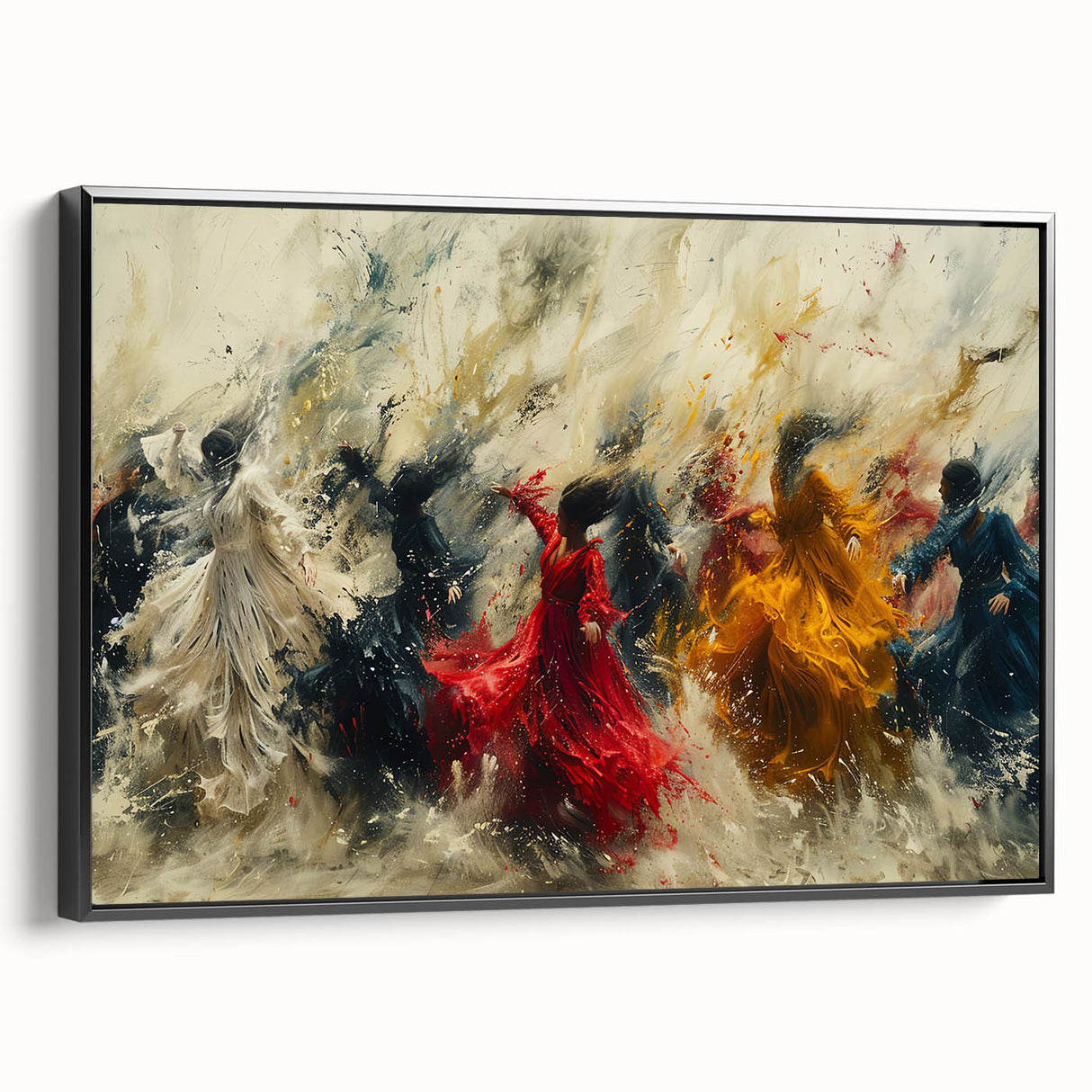 Framed abstract figurative wall art featuring a striking black design, showcasing a modern style with a sleek side view for contemporary decor.