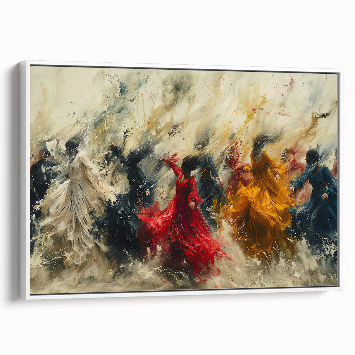 Framed abstract figurative wall art design showcasing vibrant colors and dynamic shapes, elegantly displayed with a white frame for modern decor.