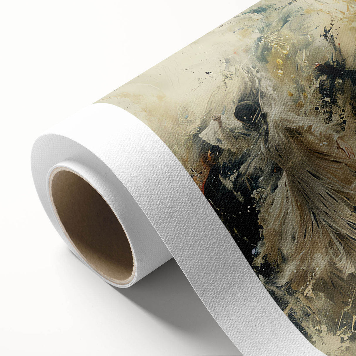 Abstract figurative wall art design on rolled canvas, showcasing vibrant colors and fluid shapes, perfect for modern home decor.