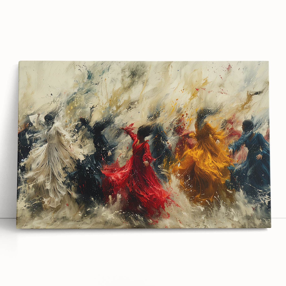 Abstract figurative wall art canvas with vibrant colors and dynamic shapes, showcasing modern design elements, perfect for contemporary decor.