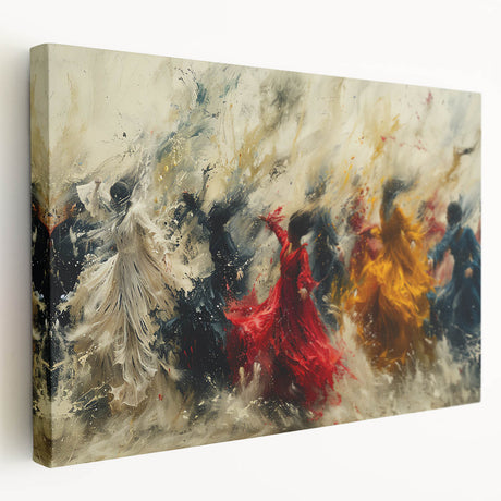 Abstract figurative design wall art on stretched canvas, showcasing vibrant colors and dynamic shapes, perfect for modern decor.