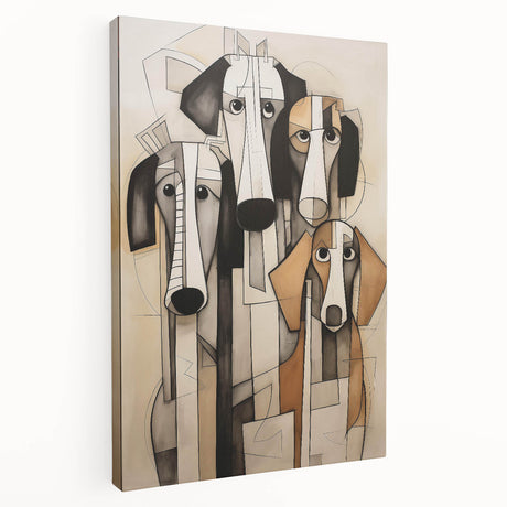 Abstract figurative wall art collection displayed on stretched canvas, featuring vibrant colors and dynamic shapes, ideal for modern decor.