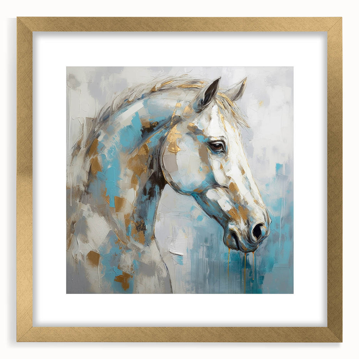 Abstract figurative wall art design in a gold frame with a mat; showcases vibrant colors and modern aesthetics for stylish decor.