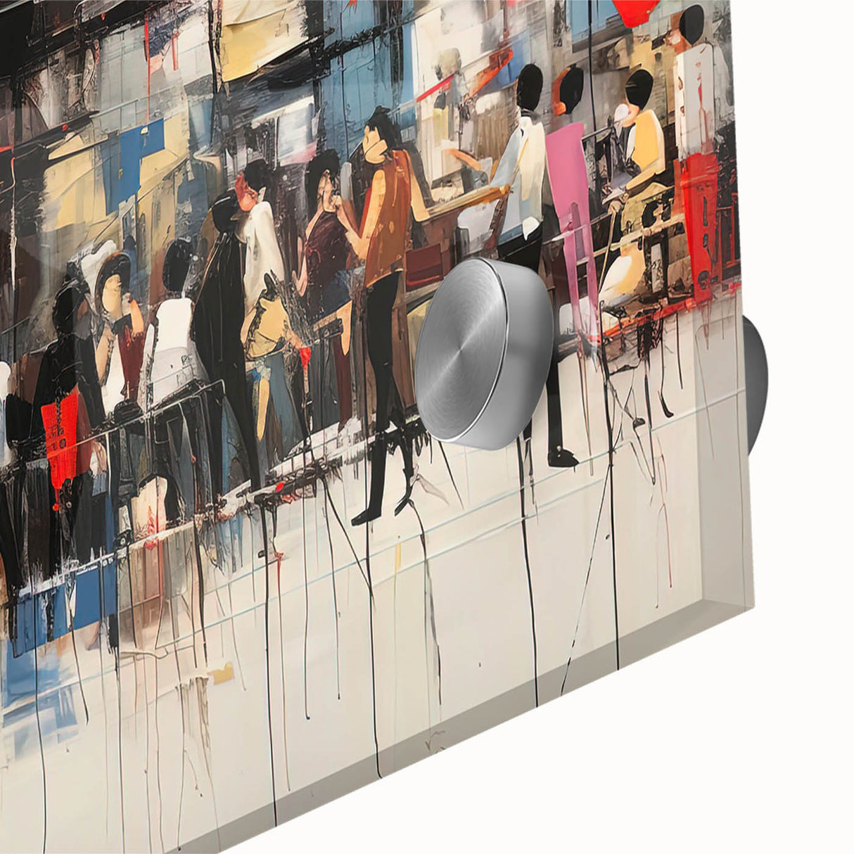 Close-up of an abstract figurative wall art piece, showcasing vibrant colors and fluid shapes, perfect for modern home decor.