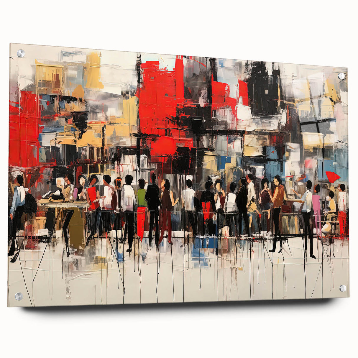 Acrylic glass wall art design featuring an abstract figurative piece with vibrant colors and intricate detailing, showcased from a side view.