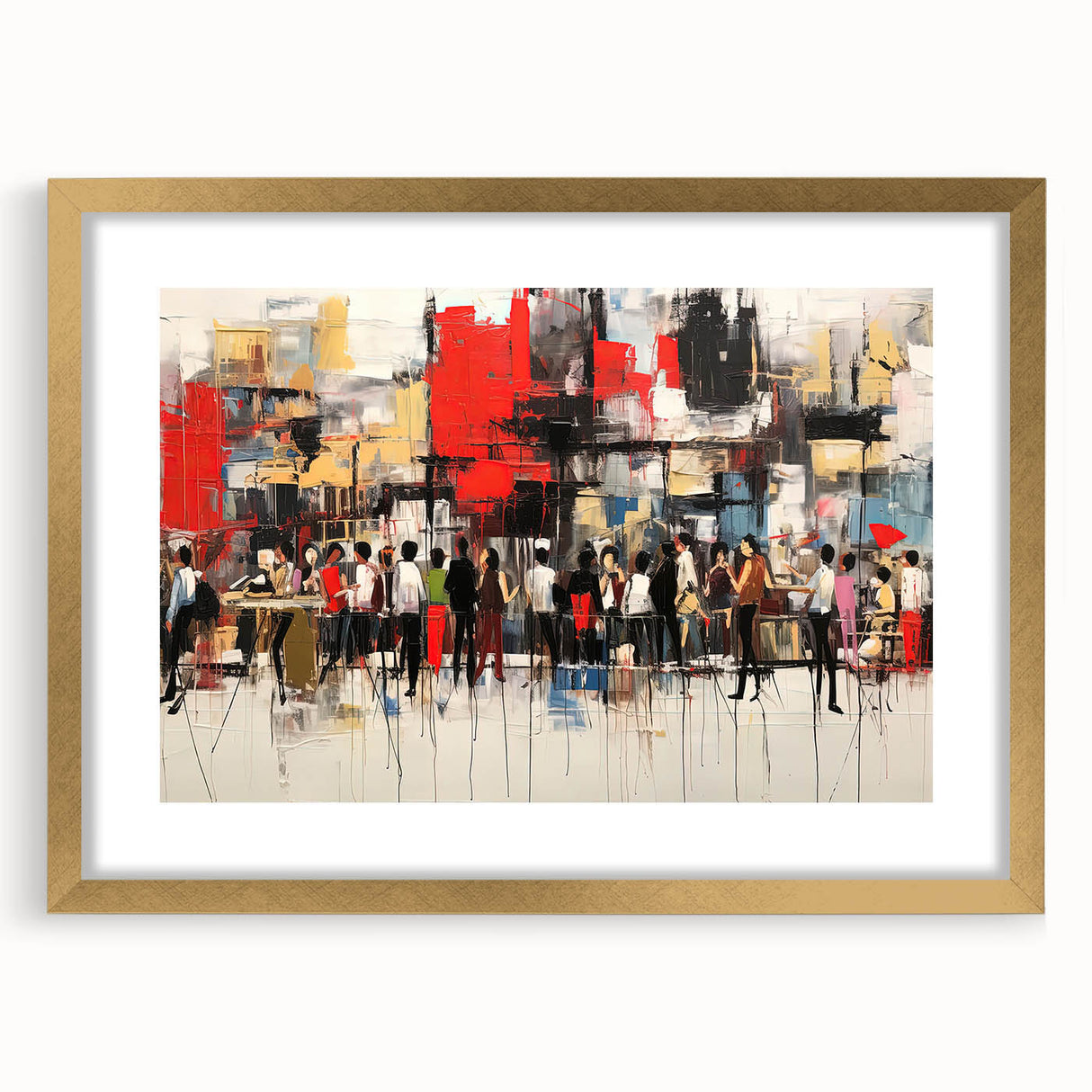 Framed abstract figurative wall art design in gold, showcasing vibrant colors and intricate patterns, ideal for modern home decor.